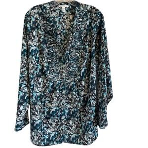 Croft & Barrow Gray Black Green V-Neck Ruched Button Up Long Sleeve Blouse 2X